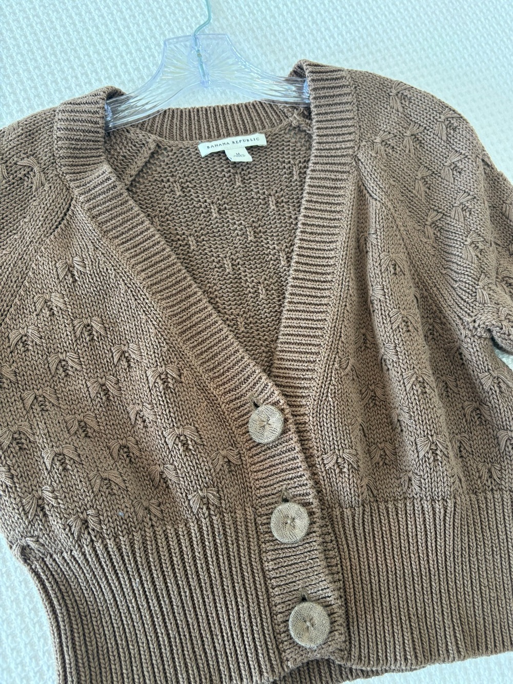 Banana Republic Brown Short-Sleeve Cable Knit Cardigan 100% Cotton Size M - Picture 4 of 5